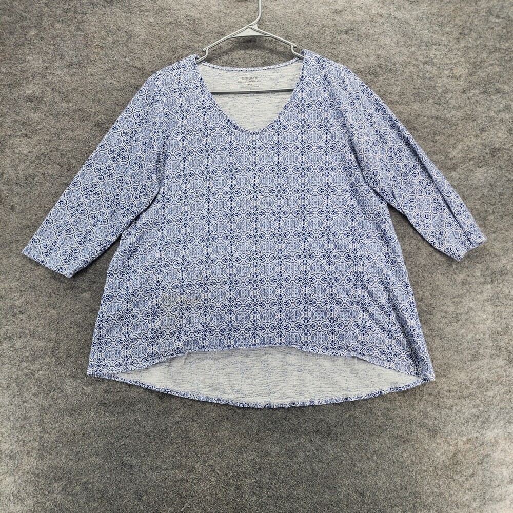 Chicos Shirt Womens Size 2 US Size Large White Blue 3/4 Sleeve